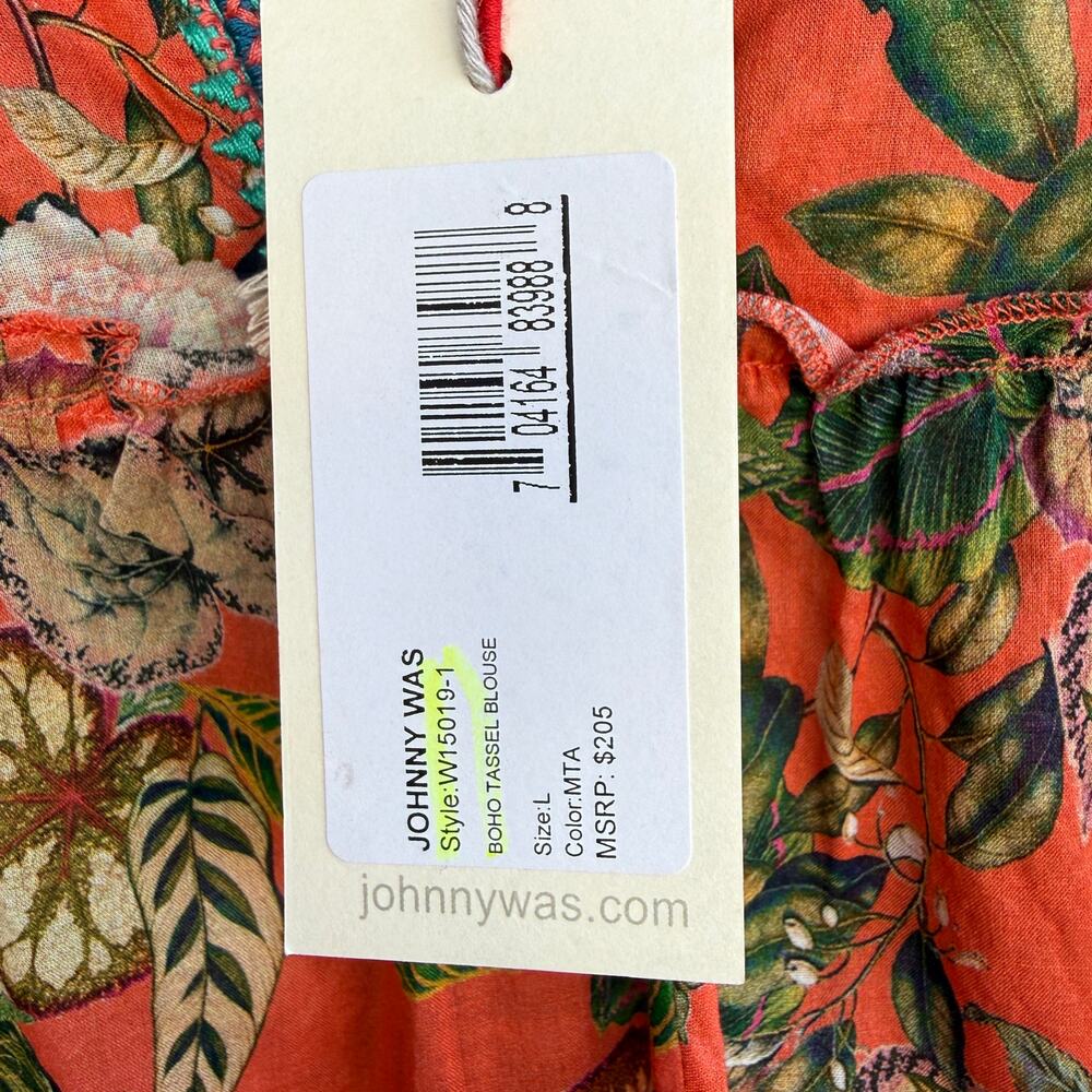 NWT Johnny Was Boho Tassel blouse - Beachy 100% cotton orange Tropical MSRP $205 - Picture 6 of 8